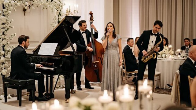 Live jazz quartet performing at a formal wedding reception: pianist, bassist, saxophonist, and a female singer, with guests at tables nearby.